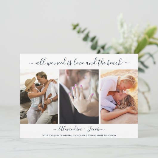 3枚のモダン写真ビーチ結婚式日付の保存 セーブザデート (スタンド正面)