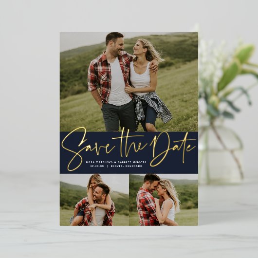 3枚のモダンphoto navyの日付を保存するスクリプト 箔招待状 (立ち正面)