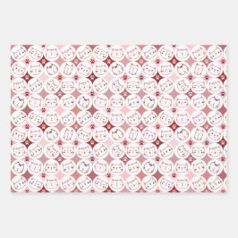 3枚のラッピング紙セットと猫顔 ラッピングペーパーシート