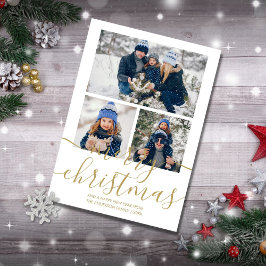 3枚の写真が入るゴールドスクリプトのメリークリスマス ホリデーカード