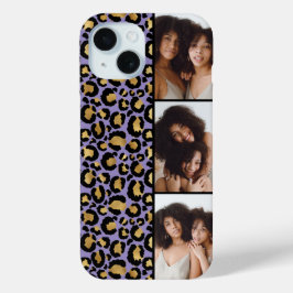 3枚の写真が楽しめるパープルとゴールドのヒョウ柄プリント iPhone 15ケース