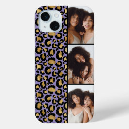 3枚の写真が楽しめるパープルとゴールドのヒョウ柄プリント iPhone 15 MINIケース