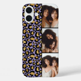 3枚の写真が楽しめるパープル＆ゴールドのヒョウ柄プリント iPhone 16 PLUSケース
