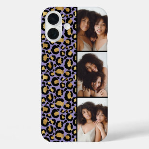 3枚の写真が楽しめるパープル&ゴールドのヒョウ柄プリント iPhone 16 PLUSケース