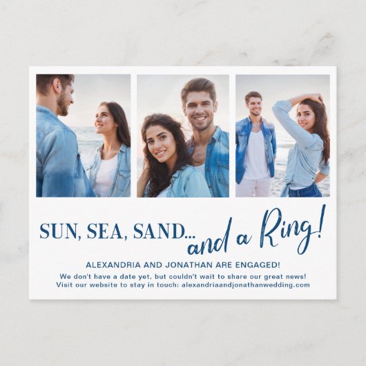 3枚の写真が載ったビーチでの婚約発表ポストカード 案内ポストカード (正面)