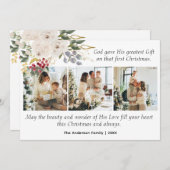 3枚の写真が飾られたクリスマスの聖書の一節と花のデザイン シーズンカード (正面/裏面)