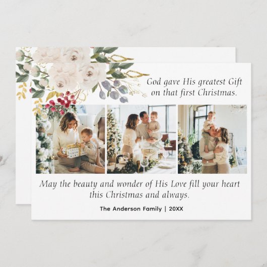3枚の写真が飾られたクリスマスの聖書の一節と花のデザイン シーズンカード (正面/裏面)
