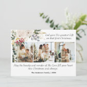3枚の写真が飾られたクリスマスの聖書の一節と花のデザイン シーズンカード (スタンド正面)