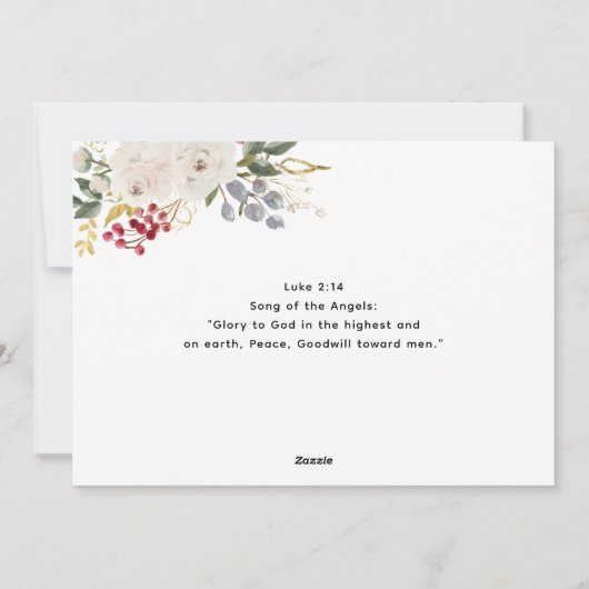 3枚の写真が飾られたクリスマスの聖書の一節と花のデザイン シーズンカード (裏面)