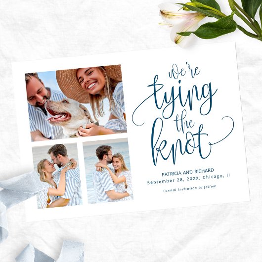 3枚の写真でシンプルに「We're Tying The Knot Save The Date」 招待状