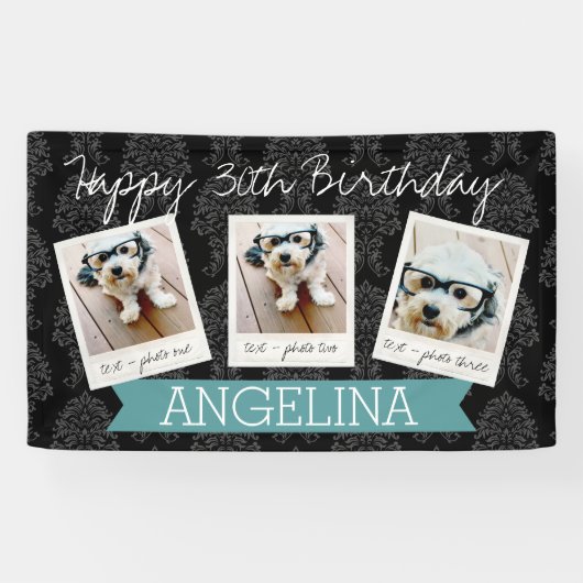 3枚の写真でハッピーバースデー – 背景色を編集できる 横断幕 (横)