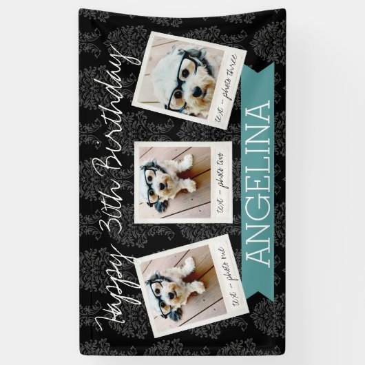 3枚の写真でハッピーバースデー – 背景色を編集できる 横断幕 (縦)