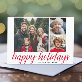 3枚の写真で作るクリスマススクリプト 赤いダマスク柄のハッピー シーズンカード