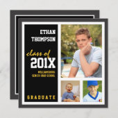 3枚の写真で卒業のお知らせブラック金ゴールド 招待状 (正面/裏面)