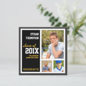 3枚の写真で卒業のお知らせブラック金ゴールド 招待状 (スタンド正面)