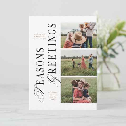 3枚の写真で贈るモダンなミニマルデザインの季節の挨拶カード 招待状 (スタンド正面)