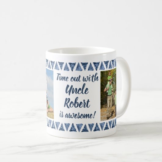 3枚の写真とカスタムタイポグラフィ – 青い縁どおじさん コーヒーマグカップ (正面右)