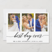 3枚の写真とカリグラフィー ウェディング ベストデイ・エバー サンキューカード (正面)