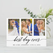3枚の写真とカリグラフィー ウェディング ベストデイ・エバー サンキューカード (スタンド正面)