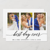 3枚の写真とカリグラフィー ウェディング ベストデイ・エバー サンキューカード (正面/裏面)