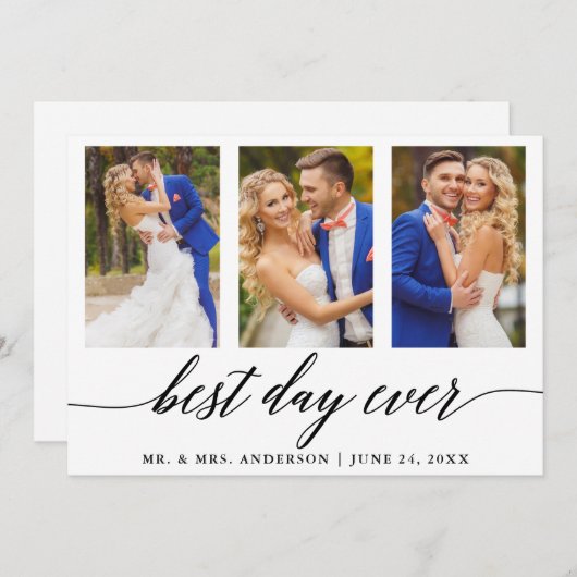 3枚の写真とカリグラフィー ウェディング ベストデイ・エバー サンキューカード (正面/裏面)