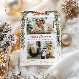3枚の写真とクリスマスのグリーンリースとリボン シーズンカード