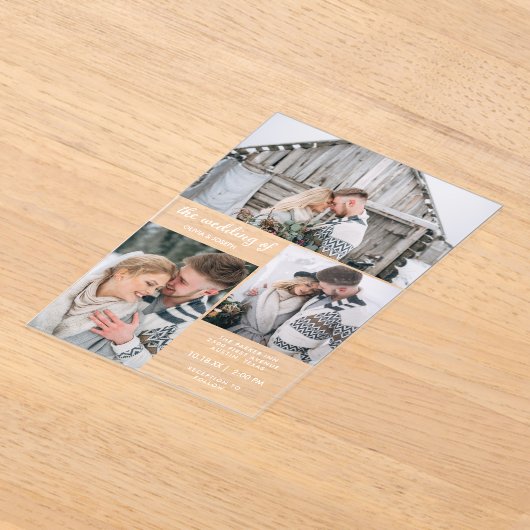 3枚の写真とシンプル文字 | ウェディング アクリル招待状 (レイダウン)