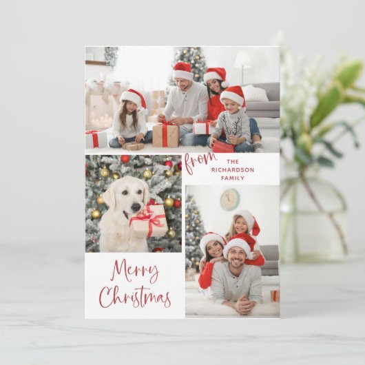3枚の写真とタイポグラフィのメモダンリークリスマス シーズンカード (スタンド正面)
