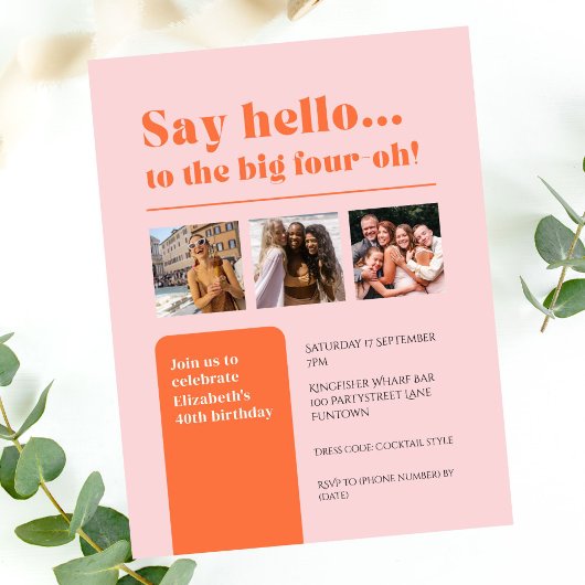 3枚の写真とフラットな招待状、40th誕生日レトロ 招待状