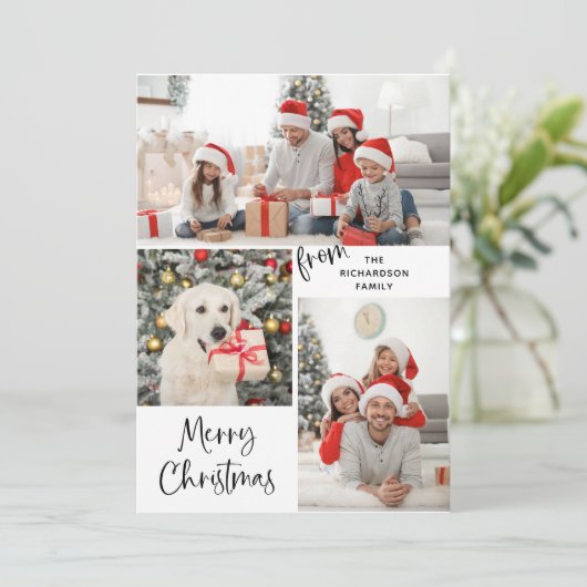 3枚の写真とモダンタイポグラフィメリークリスマス シーズンカード (スタンド正面)