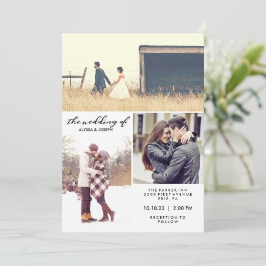 3枚の写真とモダンタイポグラフィ結婚式の招待 招待状 (スタンド正面)