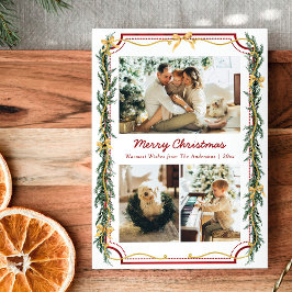 3枚の写真と可愛らしい植物のクリスマスリーフとゴールドのボウ シーズンカード