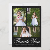 3枚の写真と緑の最初のコミュニオンブラック サンキューカード (正面)