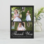 3枚の写真と緑の最初のコミュニオンブラック サンキューカード (スタンド正面)