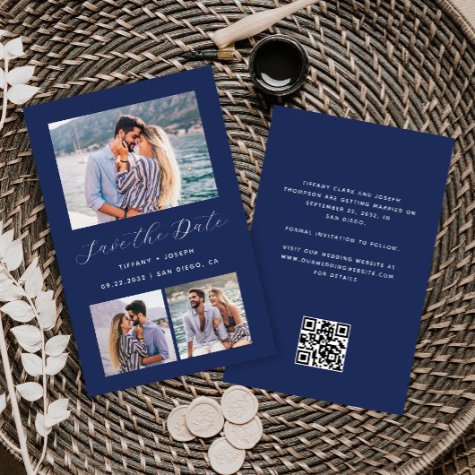 3枚の写真とQRコードのネイビーブルーSave the Date