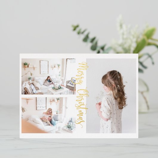 3枚の写真のクリスマス金ゴールドフォトカード 箔シーズンカード (立ち正面)