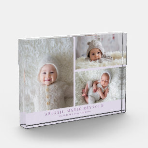 3枚の写真のコラージュ パープル 新生児 ベビー記念品 フォトブロック