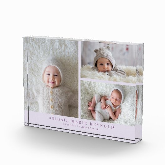 3枚の写真のコラージュ パープル 新生児 赤ちゃんの記念品 フォトブロック (右)