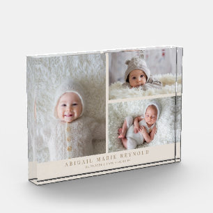 3枚の写真のコラージュ ベージュの新生児記念品 フォトブロック