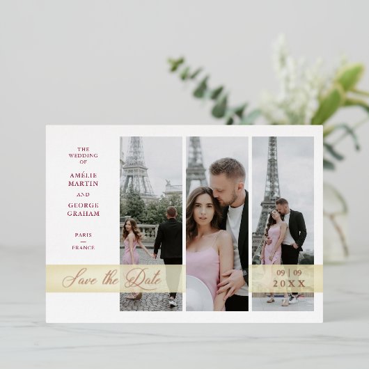 3枚の写真のコラージョファンシーンエレガントスクリプト 箔招待状 (立ち正面)