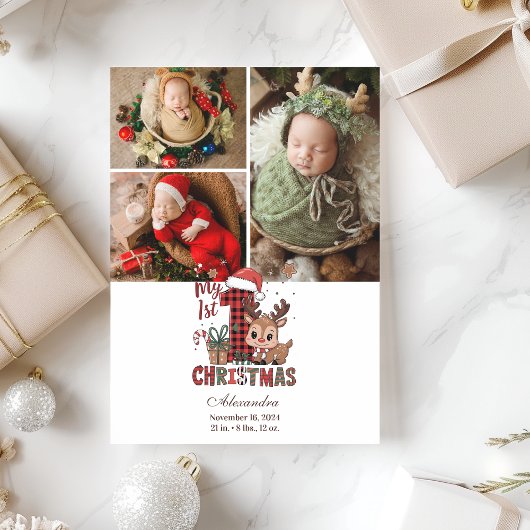3枚の写真のチェック柄のトナカイの最初のクリスマス シーズンカード