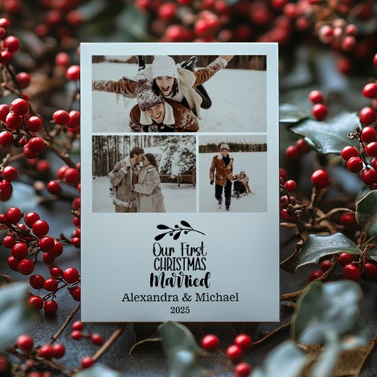 3枚の写真のミニマリスト私たちの最初のクリスマスの結婚 シーズンカード