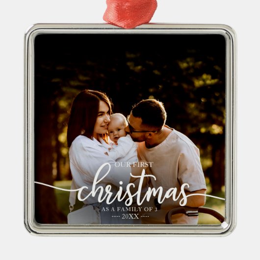 3枚の写真の家族としての私たちの初めてのクリスマスエレガント メタルオーナメント (正面)