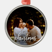 3枚の写真の家族としての私たちの初めてのクリスマスエレガント メタルオーナメント (正面)