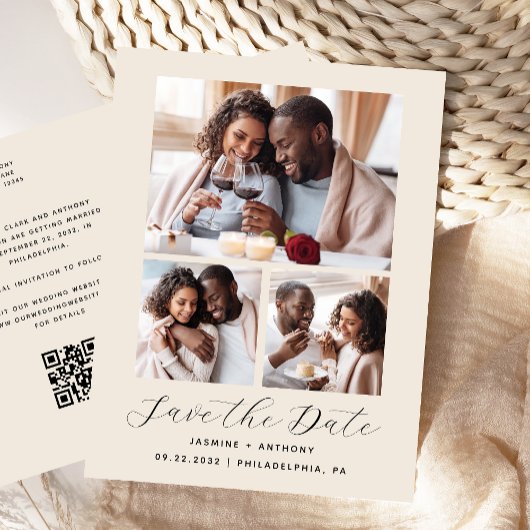 3枚の写真のQRコード付きベージュのSave the Date ポストカード