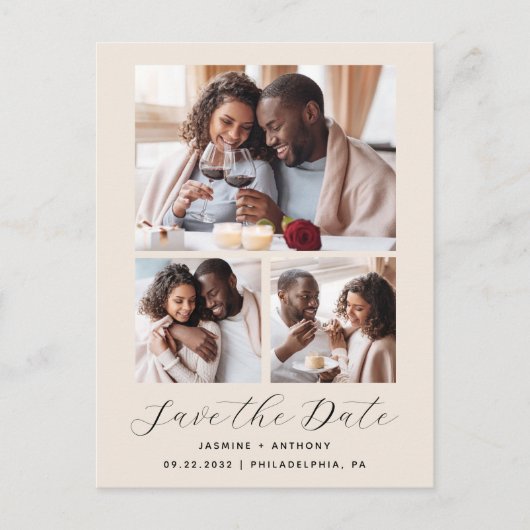 3枚の写真のQRコード付きベージュのSave the Date ポストカード (正面)