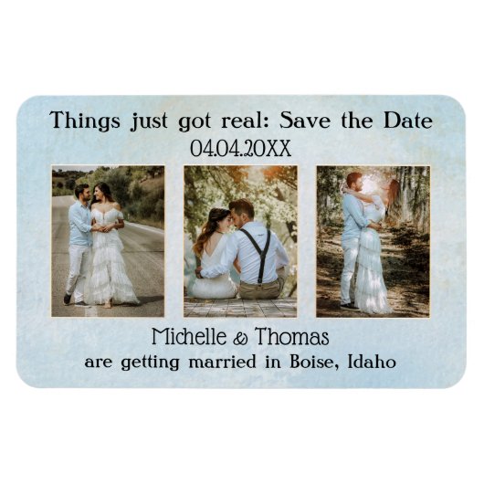 3枚の写真ほこりっぽいブルー日付マグネットを保存 マグネット (横)