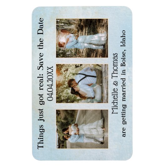 3枚の写真ほこりっぽいブルー日付マグネットを保存 マグネット (縦)