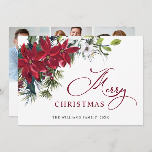 3枚の写真を使ったエレガントなポインセチアのクリスマスグリーティング シーズンカード (正面/裏面)