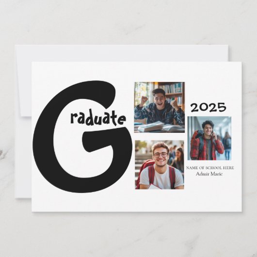 3枚の写真を使ったコラージュの卒業お知らせ 招待状 (正面)